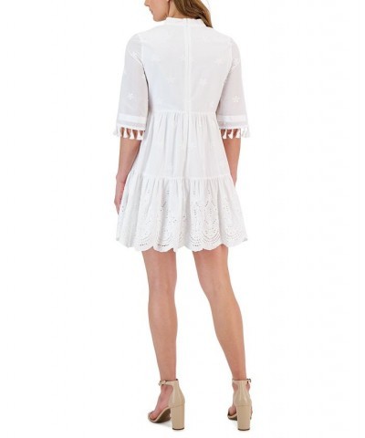 Women's Tassel-Sleeve Eyelet Mini Dress Ivory $52.47 Dresses