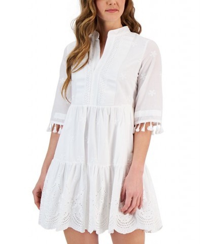 Women's Tassel-Sleeve Eyelet Mini Dress Ivory $52.47 Dresses