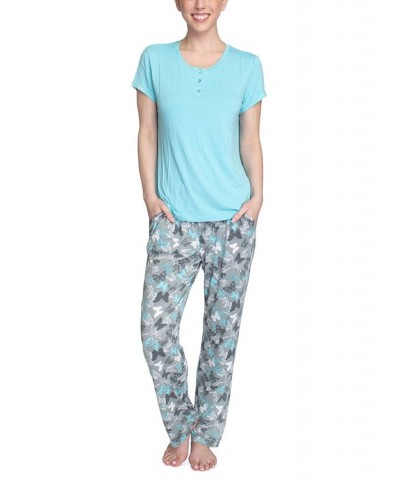 Women's Short Sleeve Henley Top & Pajama Pants Set Aqua Butterfly $26.68 Sleepwear