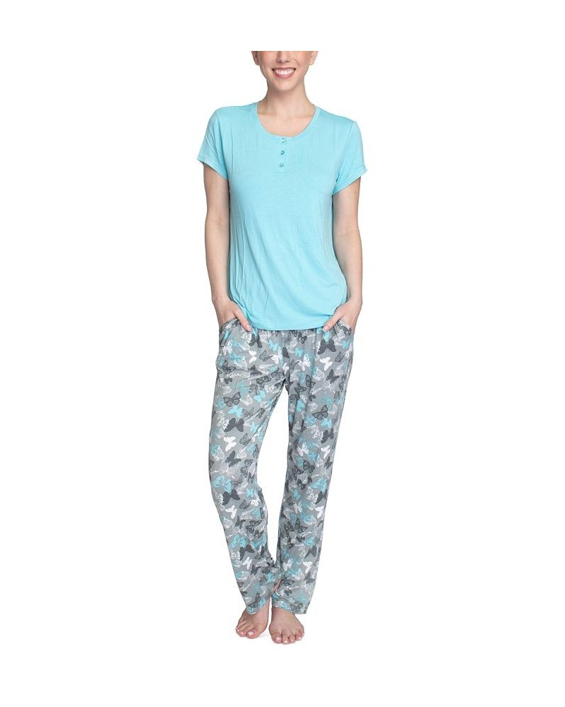 Women's Short Sleeve Henley Top & Pajama Pants Set Aqua Butterfly $26.68 Sleepwear