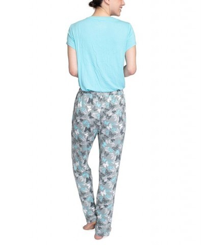 Women's Short Sleeve Henley Top & Pajama Pants Set Aqua Butterfly $26.68 Sleepwear