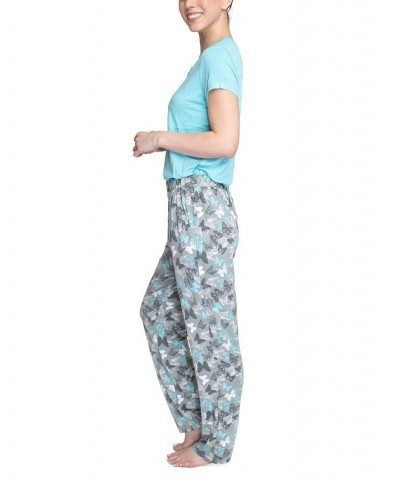 Women's Short Sleeve Henley Top & Pajama Pants Set Aqua Butterfly $26.68 Sleepwear