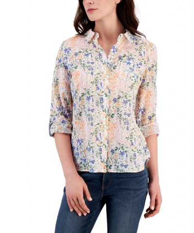 Women's Cotton Roll-Tab Floral Shirt Brghtwhtmlti $23.39 Tops