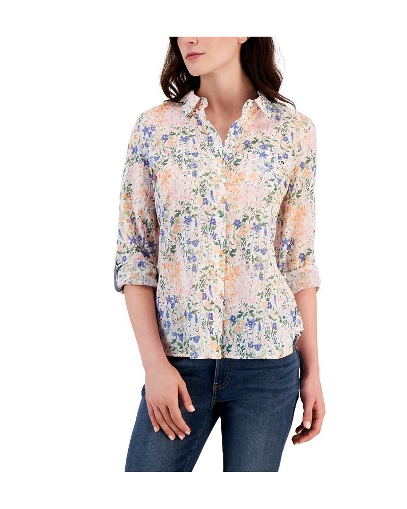 Women's Cotton Roll-Tab Floral Shirt Brghtwhtmlti $23.39 Tops