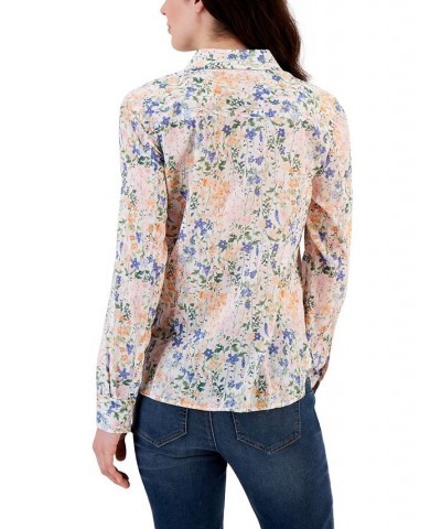 Women's Cotton Roll-Tab Floral Shirt Brghtwhtmlti $23.39 Tops