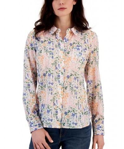 Women's Cotton Roll-Tab Floral Shirt Brghtwhtmlti $23.39 Tops