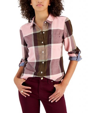 Women's Big City Plaid Cotton Roll-Tab Shirt Big City Plaid- Brushed Cotton - Bridal Rose Multi $20.25 Tops