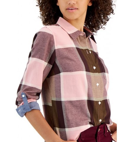 Women's Big City Plaid Cotton Roll-Tab Shirt Big City Plaid- Brushed Cotton - Bridal Rose Multi $20.25 Tops