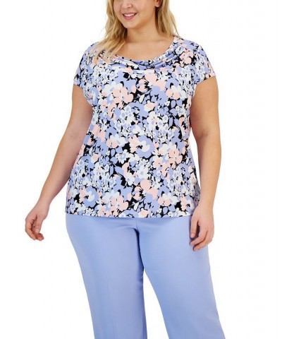 Plus Size Floral Cowl-Neck Short-Sleeve Top California Sky Multi $22.61 Tops