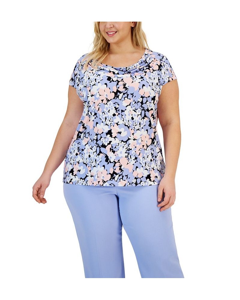 Plus Size Floral Cowl-Neck Short-Sleeve Top California Sky Multi $22.61 Tops