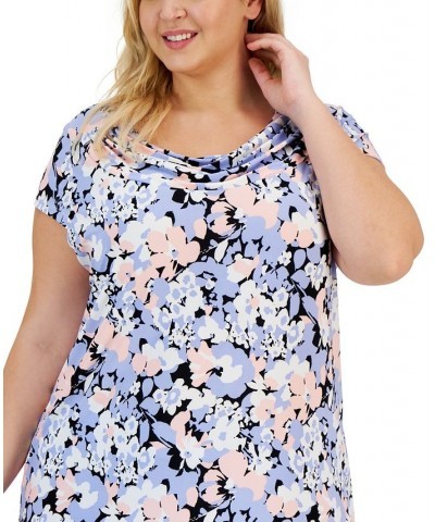 Plus Size Floral Cowl-Neck Short-Sleeve Top California Sky Multi $22.61 Tops