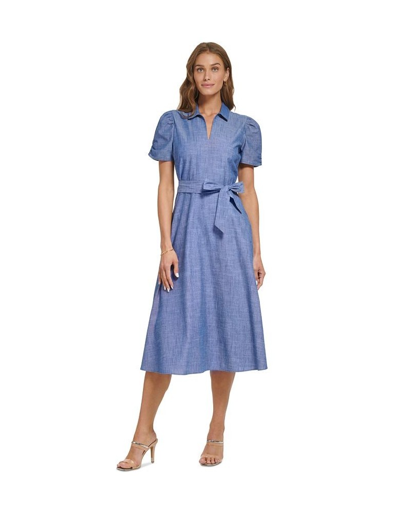 Women's Ruched-Sleeve Belted Shirtdress Dark Denim/White $69.50 Dresses