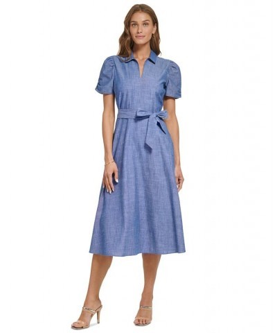 Women's Ruched-Sleeve Belted Shirtdress Dark Denim/White $69.50 Dresses