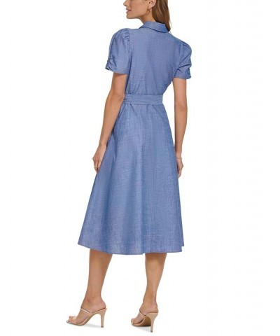 Women's Ruched-Sleeve Belted Shirtdress Dark Denim/White $69.50 Dresses