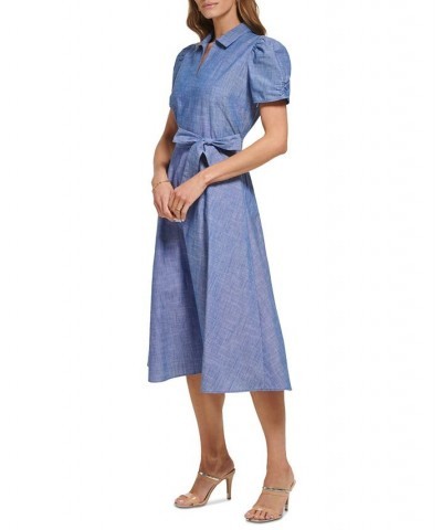 Women's Ruched-Sleeve Belted Shirtdress Dark Denim/White $69.50 Dresses