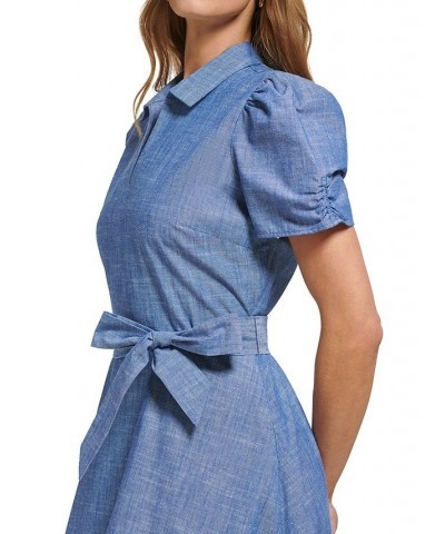 Women's Ruched-Sleeve Belted Shirtdress Dark Denim/White $69.50 Dresses