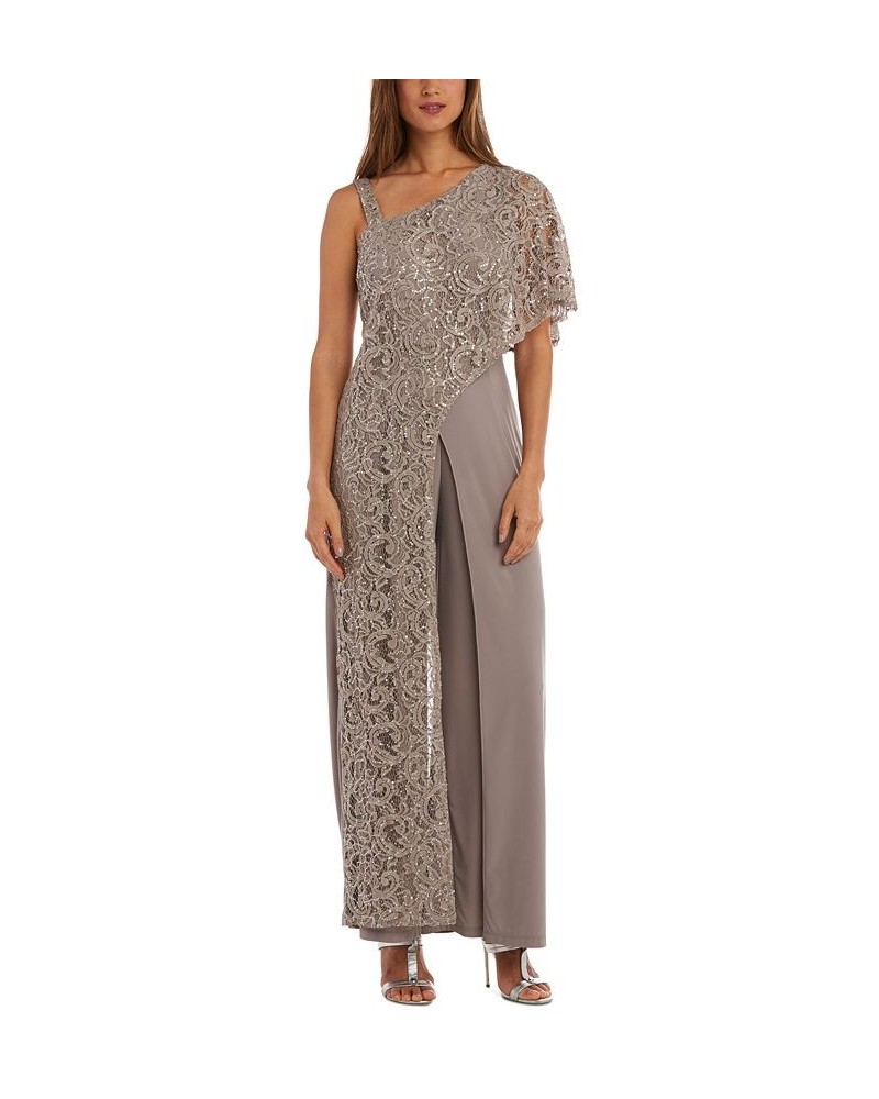 Petite Sequined-Lace One-Shoulder Jumpsuit Mocha $28.16 Pants