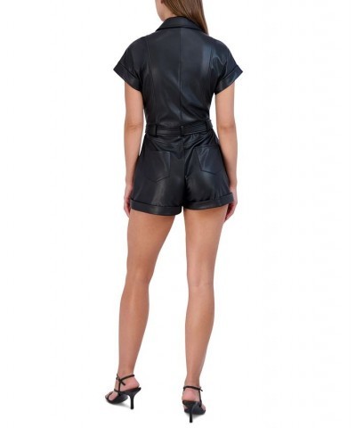 Women's Faux-Leather Tie-Waist Romper Black $38.90 Shorts