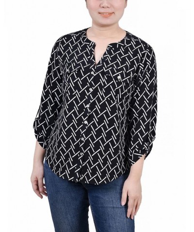 Petite 3/4 Sleeve Roll Tab Y Neck Blouse Black White Line Abstract Line $14.40 Tops