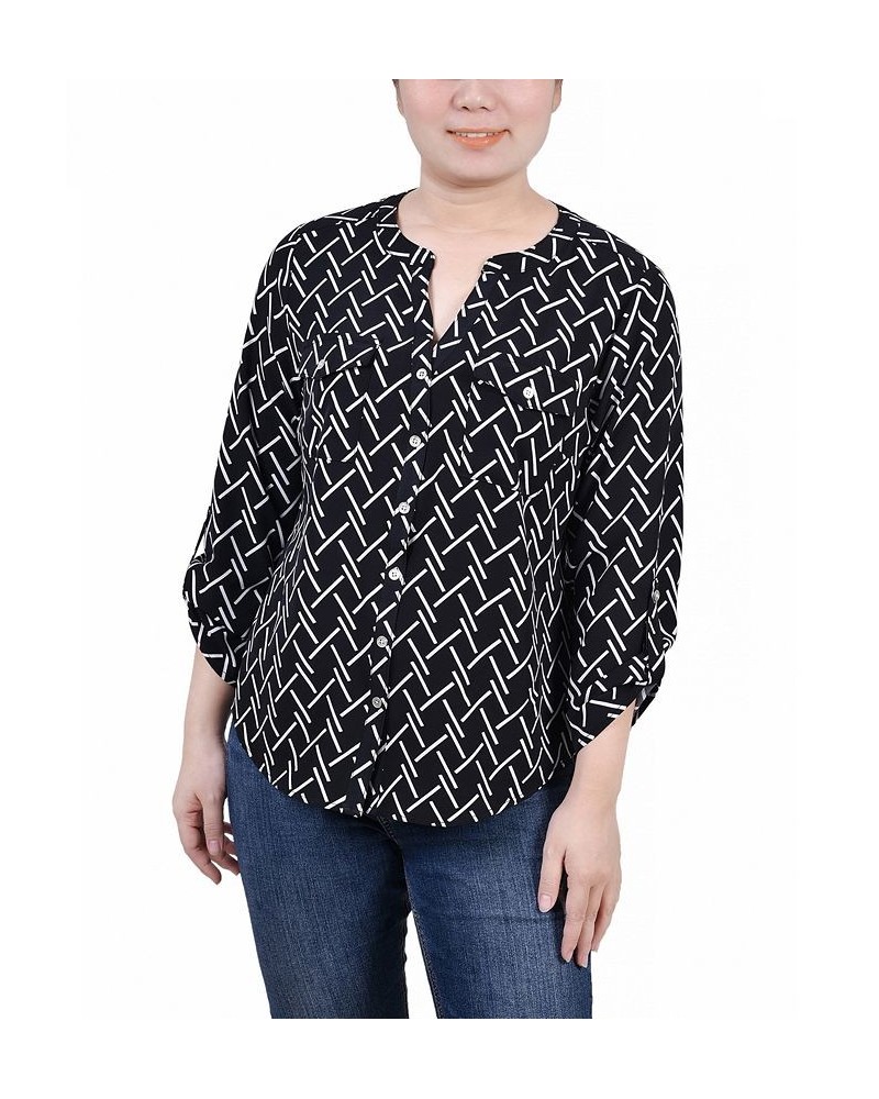 Petite 3/4 Sleeve Roll Tab Y Neck Blouse Black White Line Abstract Line $14.40 Tops