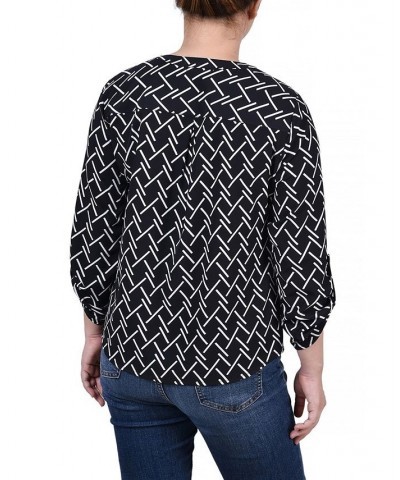 Petite 3/4 Sleeve Roll Tab Y Neck Blouse Black White Line Abstract Line $14.40 Tops