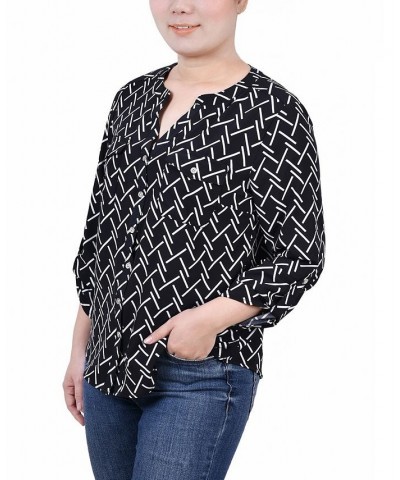 Petite 3/4 Sleeve Roll Tab Y Neck Blouse Black White Line Abstract Line $14.40 Tops