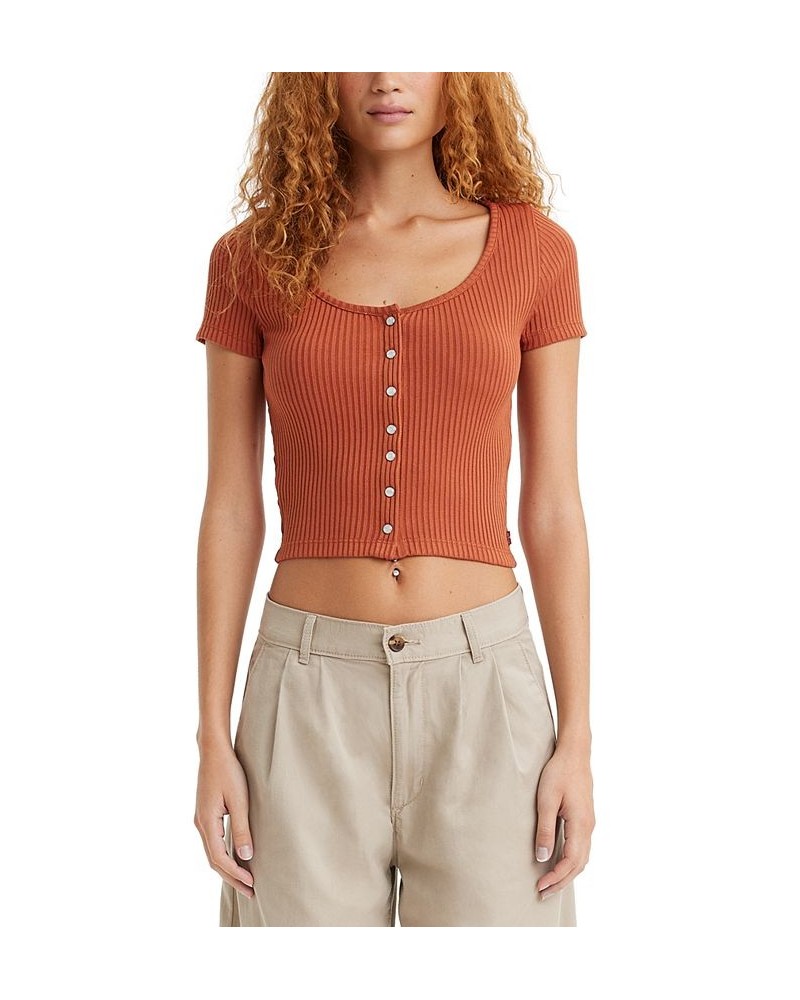 Women's Britt Snap-Front Short-Sleeve Top Brown $16.00 Tops