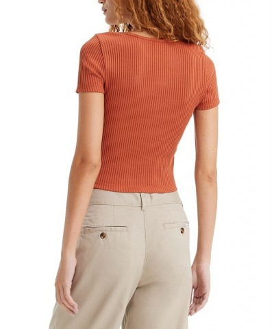 Women's Britt Snap-Front Short-Sleeve Top Brown $16.00 Tops