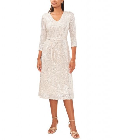 Women's Sequined V-Neck Tie-Front Midi Dress Jbs Silver $56.76 Dresses