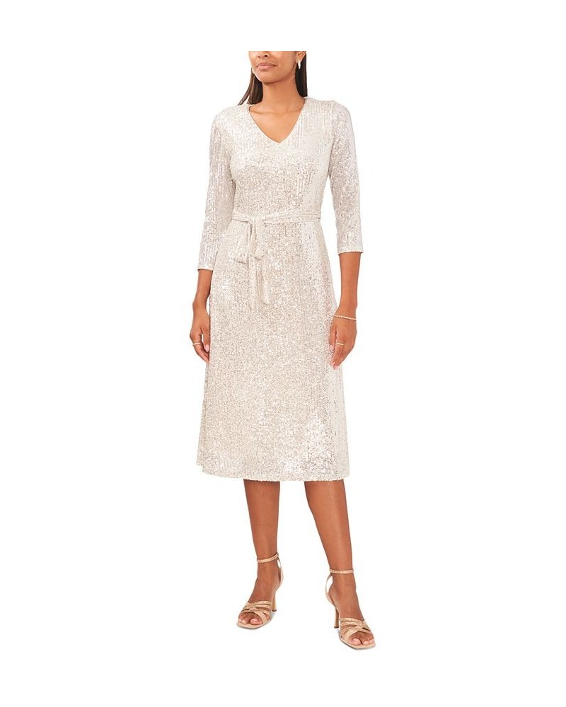 Women's Sequined V-Neck Tie-Front Midi Dress Jbs Silver $56.76 Dresses