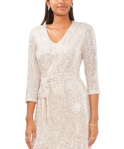 Women's Sequined V-Neck Tie-Front Midi Dress Jbs Silver $56.76 Dresses