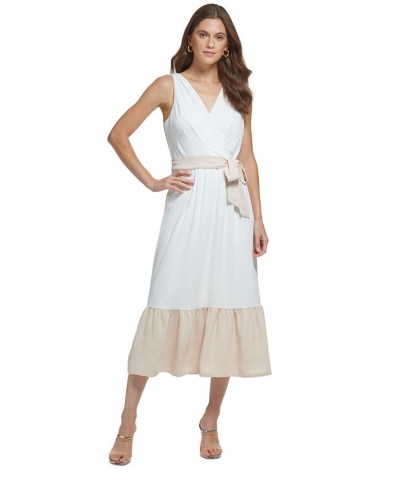 Women's Contrast-Trimmed Belted Ruffled-Hem Midi Dress Ivory/Beige $43.20 Dresses