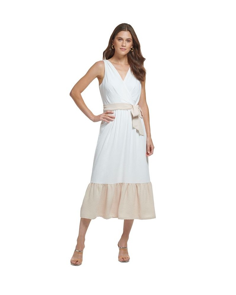 Women's Contrast-Trimmed Belted Ruffled-Hem Midi Dress Ivory/Beige $43.20 Dresses