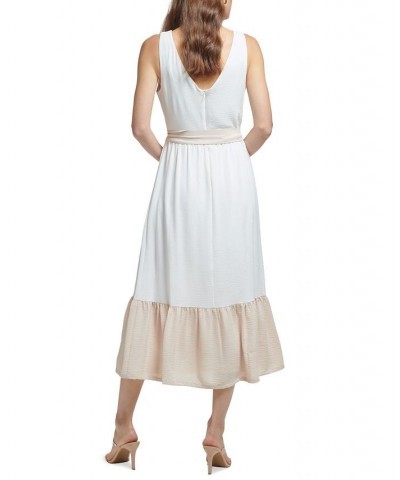 Women's Contrast-Trimmed Belted Ruffled-Hem Midi Dress Ivory/Beige $43.20 Dresses