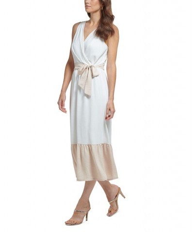 Women's Contrast-Trimmed Belted Ruffled-Hem Midi Dress Ivory/Beige $43.20 Dresses