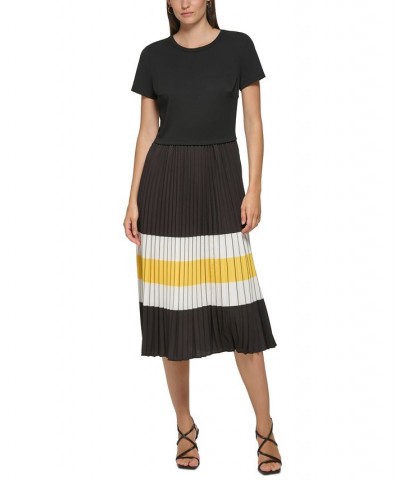 Women's Pleated Mixed-Media Midi Dress Black Lemon Chrome $79.00 Dresses