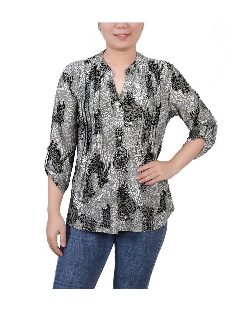 Women's 3/4 Roll Tab Sleeve Y-neck Top Shadow Black Animal $15.36 Tops