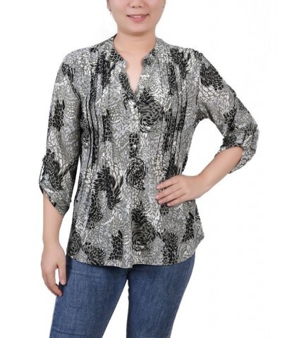 Women's 3/4 Roll Tab Sleeve Y-neck Top Shadow Black Animal $15.36 Tops