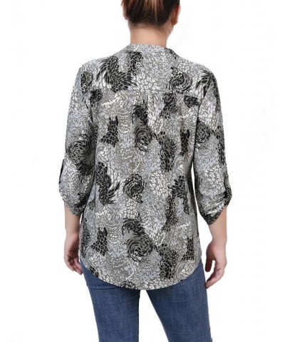 Women's 3/4 Roll Tab Sleeve Y-neck Top Shadow Black Animal $15.36 Tops