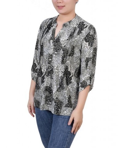 Women's 3/4 Roll Tab Sleeve Y-neck Top Shadow Black Animal $15.36 Tops