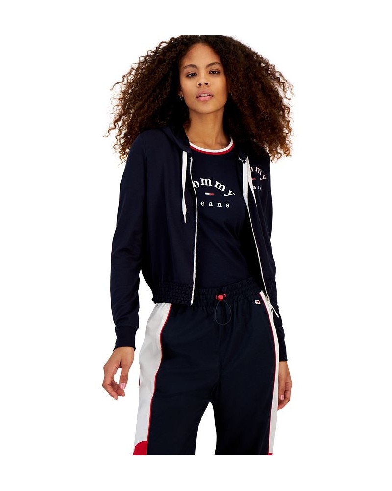 Women's Smocked-Waist Zip-Up Hoodie Sweatshirt Blue $20.30 Sweatshirts