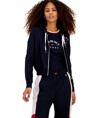 Women's Smocked-Waist Zip-Up Hoodie Sweatshirt Blue $20.30 Sweatshirts