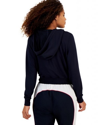 Women's Smocked-Waist Zip-Up Hoodie Sweatshirt Blue $20.30 Sweatshirts