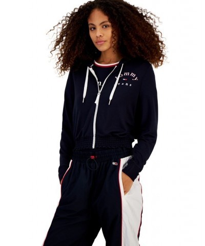 Women's Smocked-Waist Zip-Up Hoodie Sweatshirt Blue $20.30 Sweatshirts