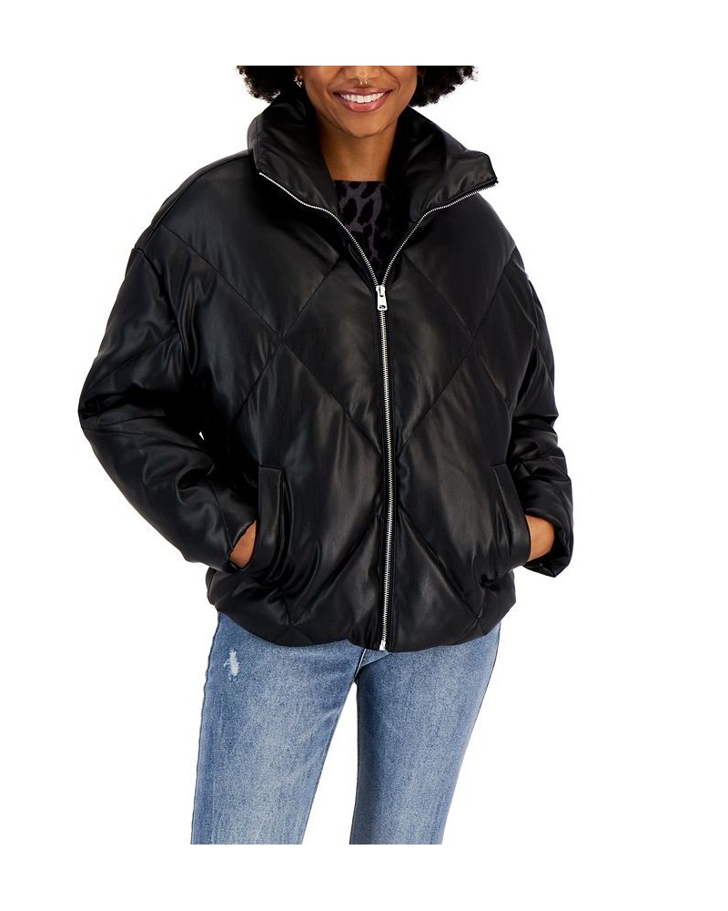 Juniors' Quilted Faux-Leather Puffer Coat Black $19.57 Coats