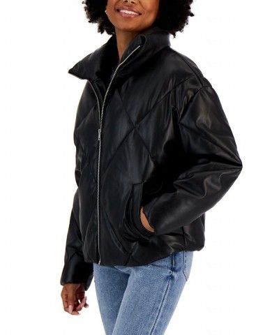 Juniors' Quilted Faux-Leather Puffer Coat Black $19.57 Coats