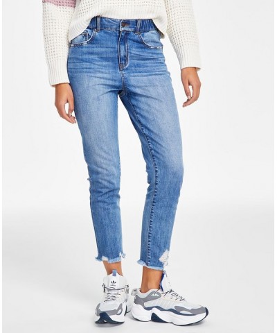 Juniors' Distressed-Cuff High-Rise Mom Jeans Dark Blue $16.49 Jeans