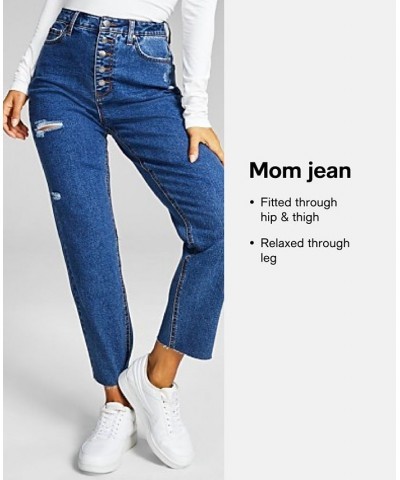 Juniors' Distressed-Cuff High-Rise Mom Jeans Dark Blue $16.49 Jeans