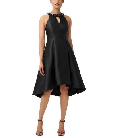 Women's Beaded Mikado Fit & Flare Dress Black $77.33 Dresses