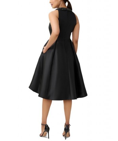 Women's Beaded Mikado Fit & Flare Dress Black $77.33 Dresses